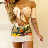 Women Off Shoulder Tie Front Top & Tropical Print Skirt Set Casual 2 Pieces