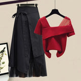 Women Summer Sets Mesh Patchwork Slash Neck Tops + Asymmetric Skirt 2 Piece Sets Female Party Suits Elegant Casual Two Piece