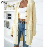 Women Sweaters Fall/Winter Twist Knitted Long Cardigan V-Neck Pocket Full Sleeve Solid Single-breasted Sweater