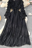 Winter Women Ruffle Pleated Long Dress Vintage Round Nec Puff Sleeve High Waist Draped Maxi Vestidos Green/Red/Purple