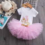 Headband Short Sleeve Top and Tutu Dress Outfits 3pcs for 1 Year Baby Girls First Birthday Party Cotume Newborn