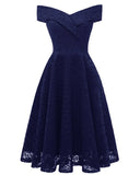 Elegant Summer Women Lace Tunic Midi Dress Slash Neck Short Sleeve Knee Pure Solid Black Red Knee Length A Line Party