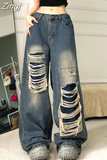 Vintage High Street Y2k Jeans Wide Leg Trousers Grunge Loose Straight Hip Hop Summer Women Denim Pants Hole