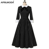 Sleeve Winter Black Plaid Vintage Tunic Dress Hepburn Gingham Retro Turn Down Collar Bowknot A Line Rockabilly Swing