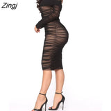 Mesh Sheer Off Shoulder Midi Party Dress Women Spring Elegant Long Sleeve Ruched Bodycon Dresses White Backless