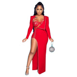 Fashion Elegant Club Party High Split Dresses Sexy 2 Piece Women Bodysuit Topsirregular Skirt Dress Matching