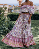 Queens Women Two Piece Outfits Ruffles Long Sleeve Tops Bohemian Elastic Waist Skirts 2 Pieces Rayon Cotton Boho