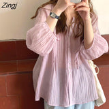 Women Solid Thin Breathable Three Quarter Female Clothes Summer Sun-proof Single Breasted Shirring Trendy Lantern