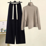 Winter Knitted Set For Women Turtleneck Pullover Knitted Sweater And Wide Leg Pants Two Piece Sets Women Warm Clothing