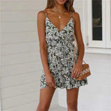 Queens Women Floral Print Sleeveless Bohemian Spaghetti Strap Dresses Ladies Summer Rayon Mini Boho Dress