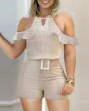 Two Pieces Suit Summer Holiday Halter Neck Ruffles Trim Cold Shoulder Top & Shorts Set Overalls Casual Outfits With