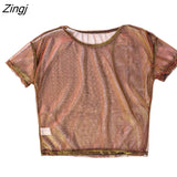 Women Ladies Solid See-Through Vintage Shiny Tops Short Sleeve Summer T-Shirt Casual