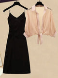 Women Summer Dresses Two Piece Sets Korean Casual Black Straps Dresses And Chiffon Sunscreen Cardigan Suits