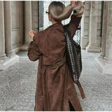 2025 Autumn And Winter Women's Brown Ion Belt With Long Coat Retro Temperament