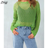 Women Round Neck Long Sleeve Solid Color Casual Sweater Hollow-out Loose Knitwear Jumper Tops