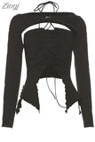 Women T-Shirt Korean Girl Y2k Summer 90s Gothic Black Fashion Vintage Sexy Camisole Two Piece Set Long Sleeve Top Funny T