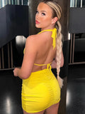 Sexy Y2K Clubwear Backless Deep V Yellow Cut Out Dresses 90s Fashion Rave Ruched Bandage Halter Mini Dress Party