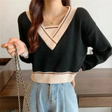 Retro V Neck Sweaters Women Patchwork Cropped Pullovers Streetwear Korean Fashion Loose Casual Long Sleeve Jumpers
