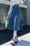 Women Denim Trumpet Skirt Streetwear Casual Irregular Patchwork A Line High Waist Ladies Mermaid Jean plaid Skirt