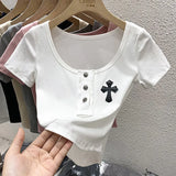 Square Collar Crop Tops Black Cross Appliques Solid T Shirts Skinny Basic Office Lady Streetwear Summer Casual Korean