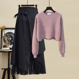 Women Winter Patchwork Long Sleeve Knitted Tops + Asymmetric Skirt 2 Piece Suit Female Party Elegant Two Piece