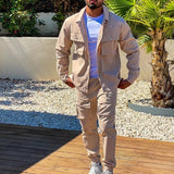 Solid Men 2-piece Set Fall Fashion Long Sleeve Lapel Single Breasted Coat And Long Work Pants Suit Men Pocket Sports
