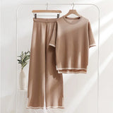 Simple Splicing Loose Short-Sleeved Sweater Top High Waist Thin Leg Pants Two