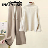 Women Sweater Suit Autumn Winter Turtleneck Knitting Sweater and Wide Leg Pants Sets Elegant Loose Jumpers Oversized