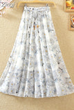 Women Summer Long 2023 Spring Ladies Floral Print High Waist Elegant Sweet Casual Chiffon Skirts Beach Faldas