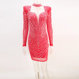 Sexy Blue Crystal Mesh Patchwork Mini Dress Women Long Sleeve Hot Drilling Bodycon Birthday Party Clubwear