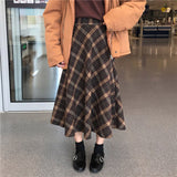 Autumn Winter Wool Women Midi Pleated skirt High Waist Plaid Female Saias Korean Ulzzang Streetwear Elegant Long