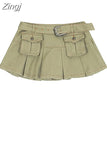 Women's Green Cargo Mini Denim Skirt Y2k Elegant Harajuku Vintage Chic A-Line Pleated Black Skirt For Women 2023 Summer