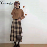 Autumn 3pcs Sets Knitted Pullover Sweater+Stretch High Neck Bottoming Shirt+Plaid High Waist Long Skirt Women 2021