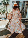 Queens Women Pink Floral Print Beach Bohemian Kimono Ladies V Neck Batwing Sleeves Maxi Robe Summer Boho Bikini