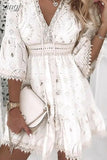 Lace Mini Dress Women Three Quarter Sleeve Dress Female V Neck Patchwork Lace Up Dress Ladies Vacation Beach