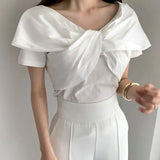 Zingj Chic Summer Simple Elegant V Neck Kink Design Sense Pure Color Slim Thin Fly Sleeve T-Shirt Jacket Women-Outfit