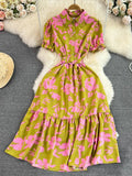 Vintage Women Printed Long Dress Elegant Turn-Down Collar Single Breasted Short Sleeve High Waist A-Line Maxi Vestido