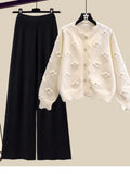 Winter Knit Sets Womens Outfits Korean Sweet Floral Knitted Cardigan And Wide Leg Pants Sets Ladies Elegant Knitting