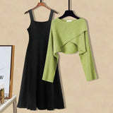 Winter Knitted Two Pieces Sets Womens Outfits Korean Casual Irregular Long Sleeve Short Sweaters And Knitting Dresses