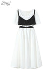 Women Casual Black Strap Vest And Blouse High Waist Short Sleeve Dress 2023 Summer Chic Fashion Korean Two Piece Dress