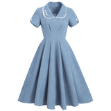 Pinup Casual Summer Tunic Midi Dress 50s 60s Vintage Solid Elegant Sleeve A-Line Business Rockabilly Women Flare