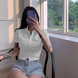 White Basic Shirts Women Preppy Style Short Sleeve Slim Blouses Student Korean Office Lady Sexy Crop Tops Work