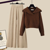 Winter Thick Knit Two Piece Sets Women Outfits Ladies Elegant Twist Knitted Sweater And Wide Leg Pant Sets Women