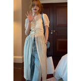 Sweet Floral Dress Women Streetwear Slit Sheer Halter A Line Midi Dresses Korean Summer Holiday Slim Casual Thin