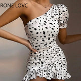 Women Elegant Fashion Sexy One Shoulder Dot Ruffles Mini Dress Bodycon Party