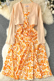 Women Two Piece Set Beach Vacation Long Sleeve Cardigans + Floral Spaghetti Strap Midi Dress Female Suit New
