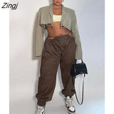 Fall Brown Cargo Baggy Pants For Women 2022 Hollow Out Bandage Wide Leg Pants Ladies Gray Casual Straight Long