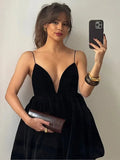 Velvet V-Neck Backless Strap Mini Dress- Outfit