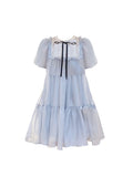 Women's Blue Gauze Mesh Dress Vintage Korean Harajuku Short Sleeve One Piece Lace Midi Dress 2023 Summer Princess Fairy