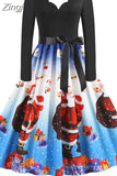 Women Winter Long Sleeve Vintage Christmas Dress Black Red Print V Neck Sexy Xmas Party Dress Robe 3XL Elegant